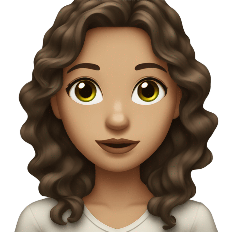 A beautiful girl,with long dark brown wavy hair, green with brown eyes, and full lips  emoji