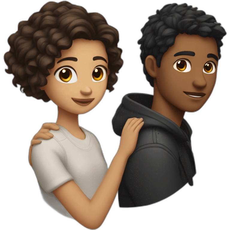 Girl with raven wolfcut hair and boy with brunette wavy hair hugging emoji