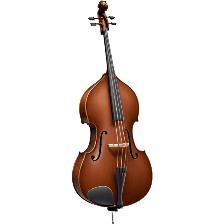 Create an elegant and detailed emoji representing a Gliga Gama double bass with bow. The design should showcase the large, sleek body of the double bass with its rich wood finish, including the characteristic curves and deep tone holes. The bow should be elegantly positioned next to the instrument, highlighting the hair and smooth wooden stick. Use warm wood tones like chestnut brown for the body of the bass, silver accents for the fittings, and dark brown for the bow. Add subtle musical notes or sound waves flowing from the bass to represent its deep, resonant sound. The background should be transparent. emoji