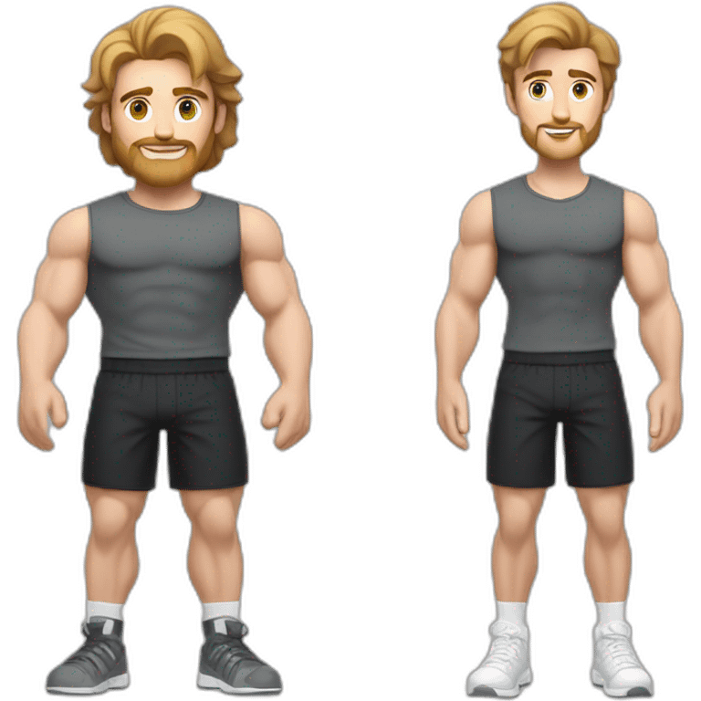 Full height Actively gesturing with hands Pale skinned Fit Man With the biceps and brown hair in dark gray Sleeveless Mike, black oversize sports shorts, Wrist watch and white Sneakers emoji