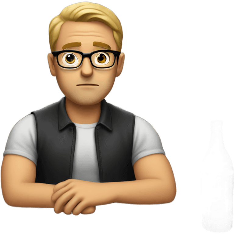 White man with glasses sitting in a bar/restaurant sitting at a high top table staring into the corner of the restaurant with a small tv looking hopeless  emoji