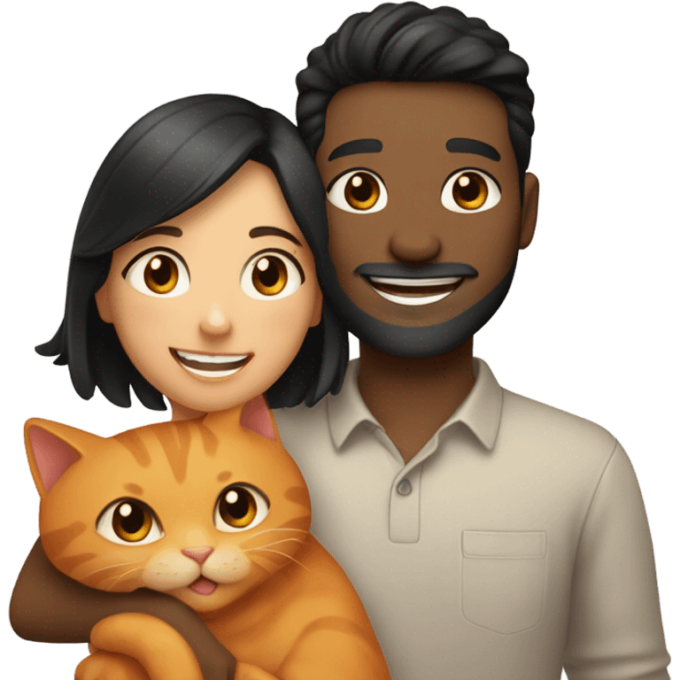 a happy light-brown woman with black hair and a happy brown man with brown hair in white long sleeve are family and holding an orange cat emoji