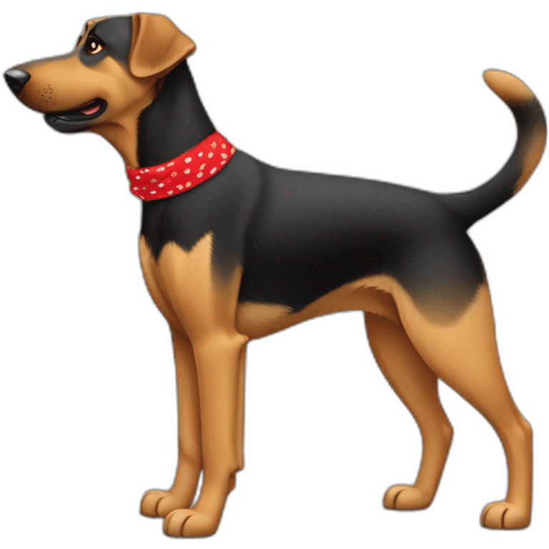 75% Coonhound 25% German Shepherd mix dog wearing small plain red bandana side view full body left facing emoji