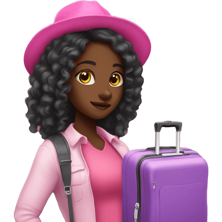 Black girl with long hair who loves to travel with pink luggage emoji