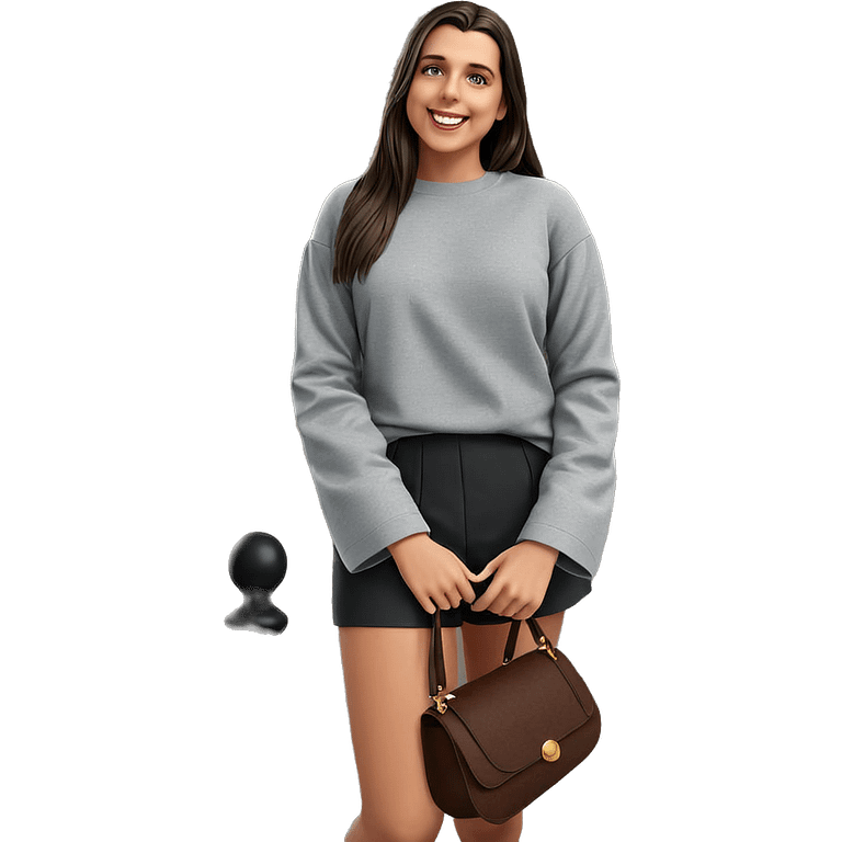 smiling girl outdoors with bag emoji