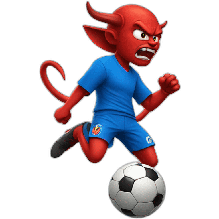 Angry devil playing soccer with a blue shirt emoji