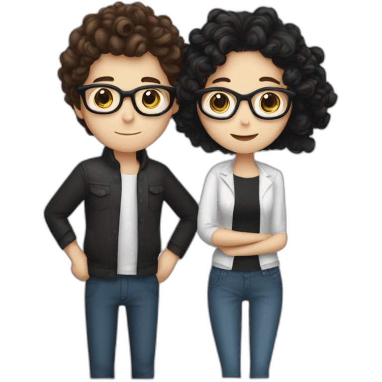 a white girl with long brown hair hugging a white boy with black hair and curler using glasses on emoji