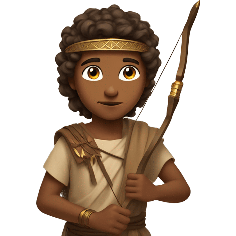 A Young Boy from the ancient Middle East with a brown headband, brown hair, brown skin, brown ancient Middle Eastern style clothes, using a bow and arrow and behind him is a Divine light. emoji