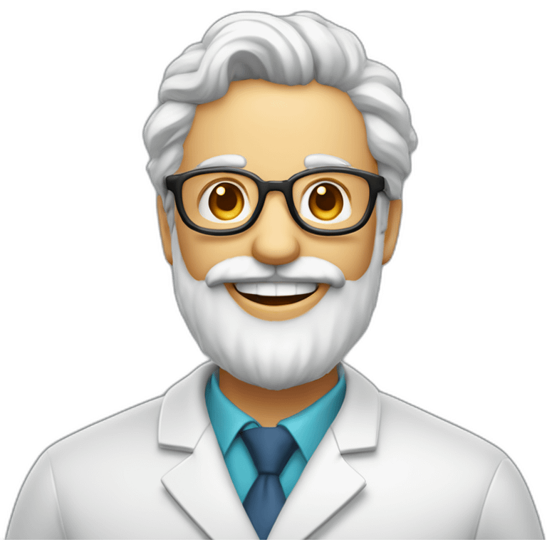 profesor de física y química calvo con barba y gafas sonriendo emoji