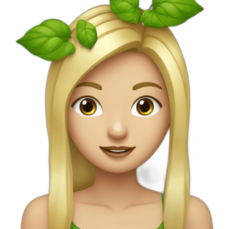 un chica cataña rubia de ojos verdes de piel blanca pasando una computadora cerca de plantas. emoji