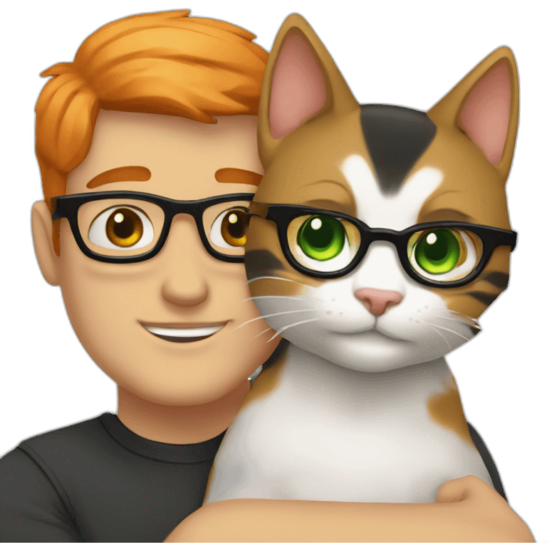 White guy with green eyes, black short hair and with glasses hug orange percian cat emoji