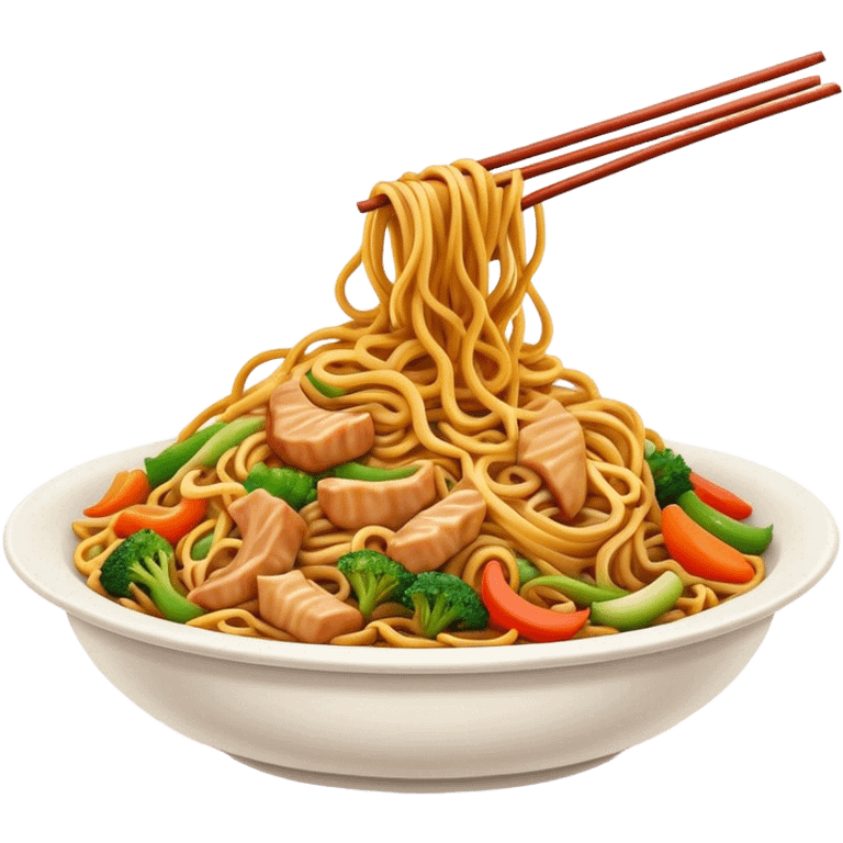 Cinematic Realistic Chow Mein Dish Emoji, showcasing stir‚Äêfried noodles with crisp vegetables and tender meat, rendered with lifelike detail and vibrant, dynamic lighting. emoji