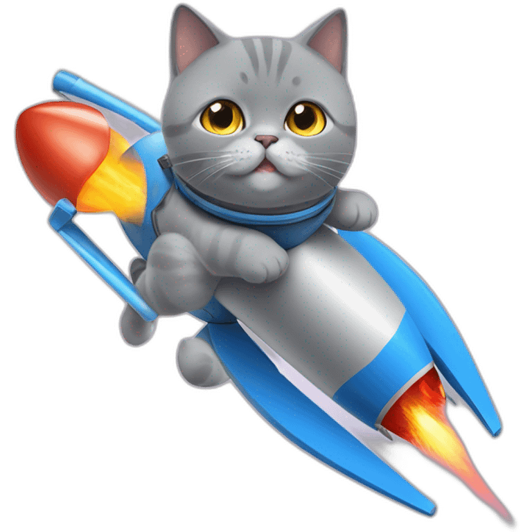 British Shorthair Blue Cat ride a rocket emoji