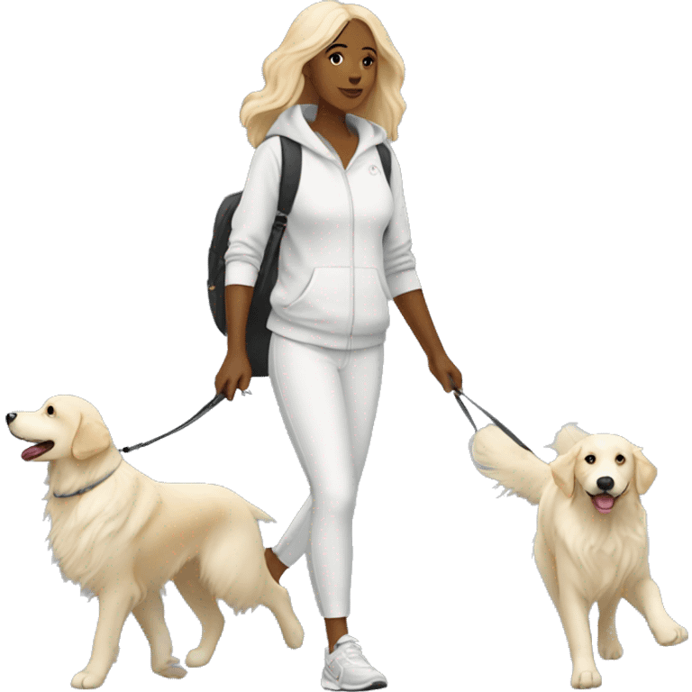 Woman wearing athleisure walking white golden retriever emoji