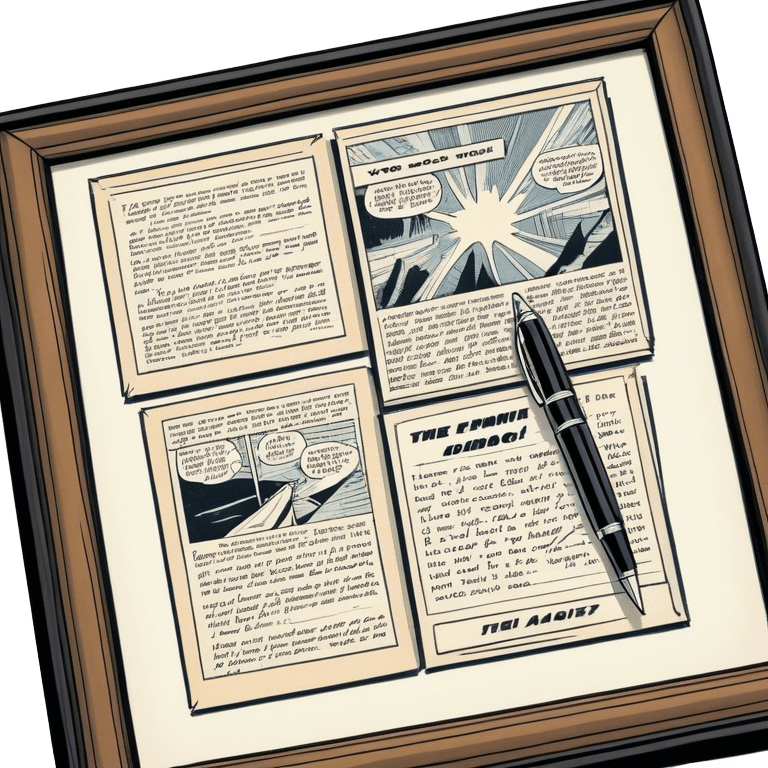 Create a detailed emoji representing the process of writing texts for comic books. The design should feature a large, open comic book with vintage comic strips visible on its pages. A pen should be shown writing text on one of the comic panels, but without a hand. The pencil should appear as though it is actively creating the dialogue or narration. Use a classic color palette with muted tones for the comic book and brighter accents on the pencil to draw attention to the writing process. Do not include any emojis or smiley faces. Make the background transparent. emoji