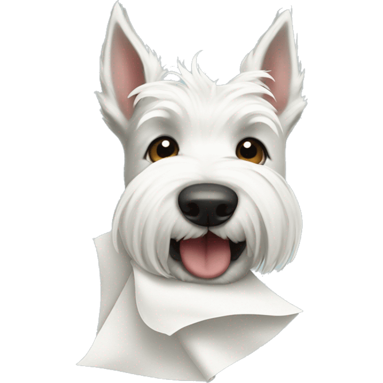 White Scottish terrier face holding tissue in its mouth emoji