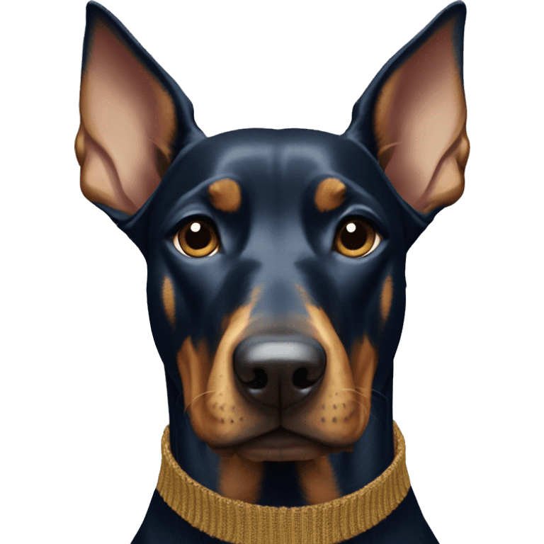 Doberman with navy blue knitted sweater and gold collar  emoji