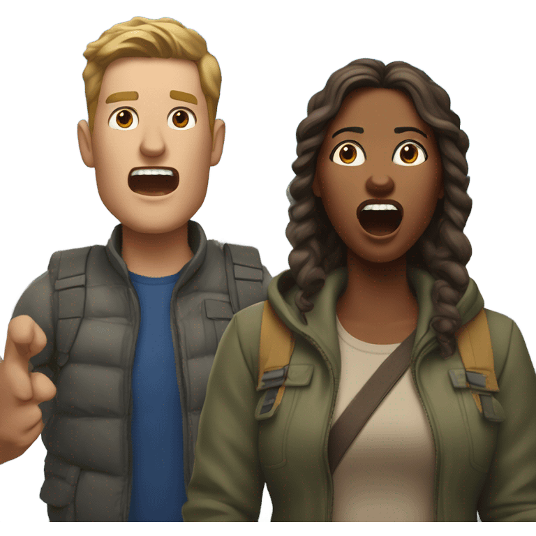 White man and brown-skinned woman yelling from a mountain top emoji