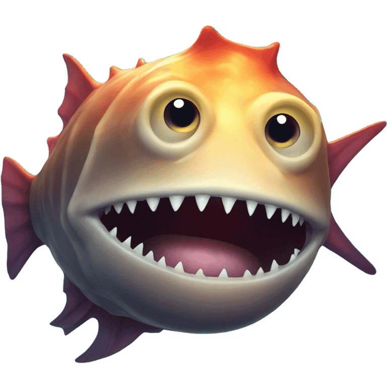 Anglerfish with a glowing lure hanging from its forehead, sharp teeth, and big eyes. emoji