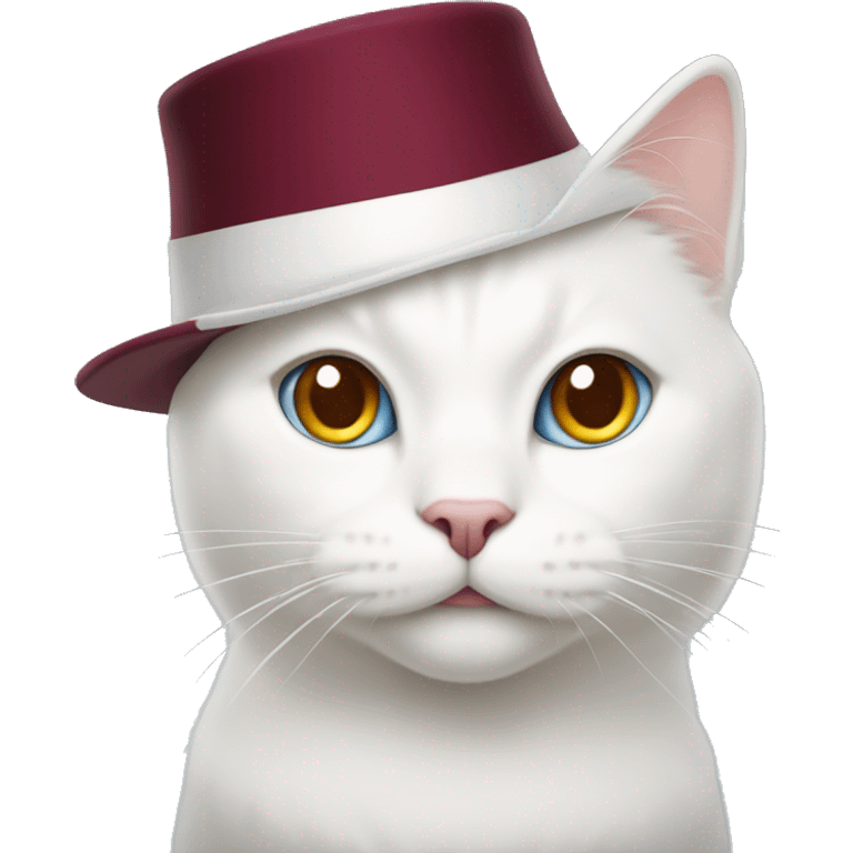 white cat with a New Year's burgundy hat on his head emoji