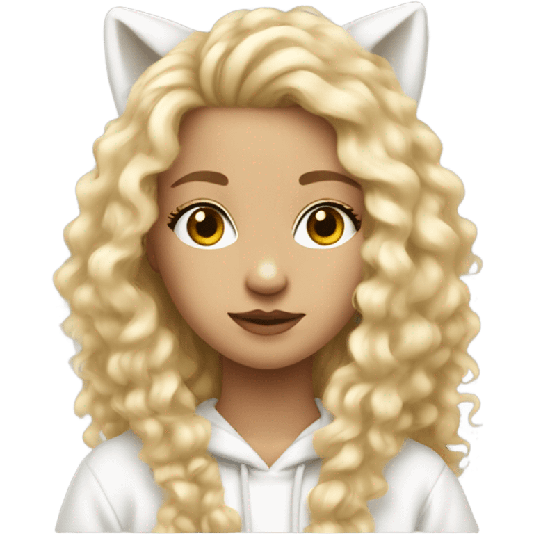 Cute girl wearing white fox hoodie and hair down who has blonde curly hair and is 13 emoji