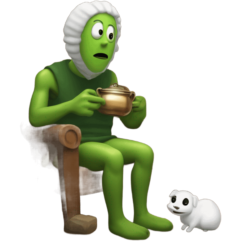 Pickle man in a cabin drinking a pot of goat cheese with his Demonic creature pet warming itself by the fireplace  emoji