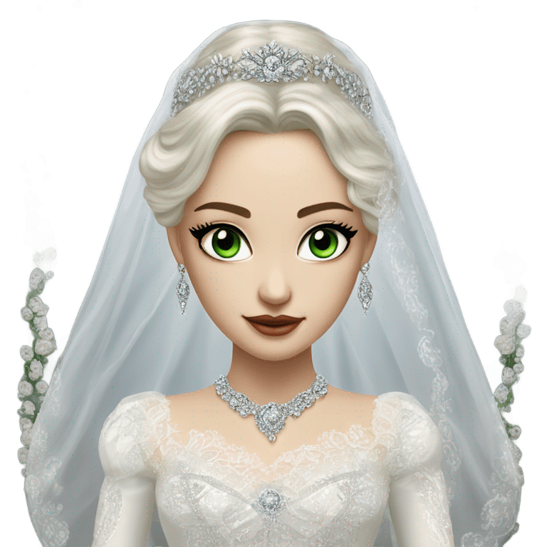 Hyper Realistic ornate ballgown long sleeve Wedding dress with diamanté on Russian bride with pale skin and green eyes and long black hair with veil and diamond jewelry hyper realistic  emoji