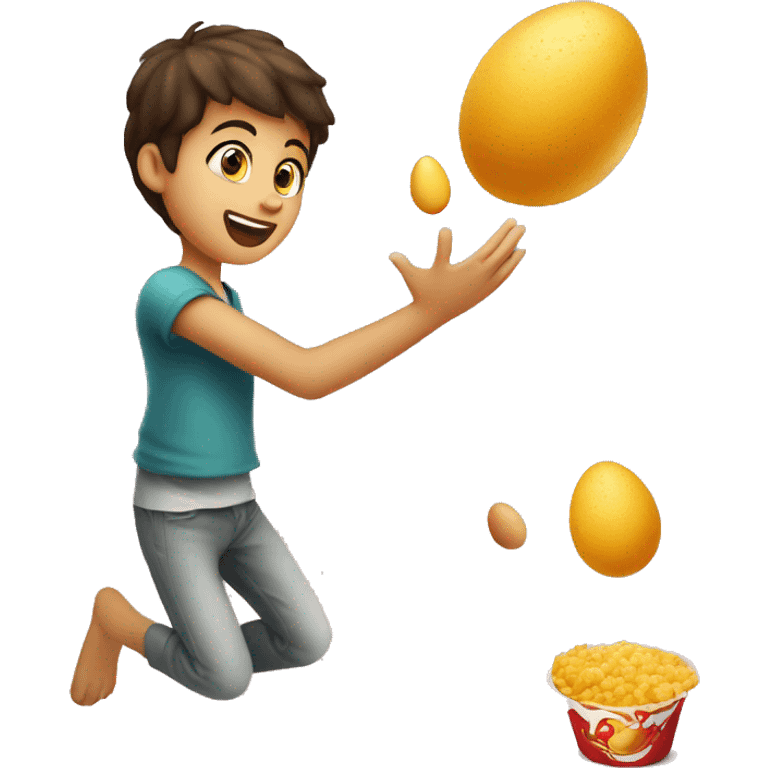 A Palestinian child tossing eggs on a red  fast food  emoji