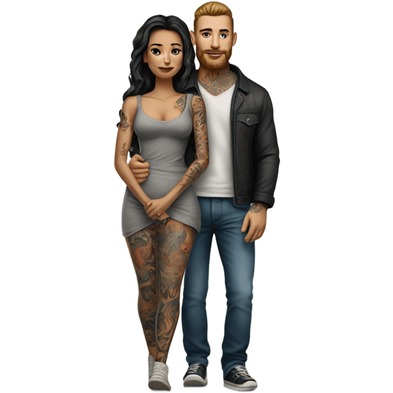 Hyper Realistic beautiful woman in the arms of a very handsome tattooed man walking  emoji