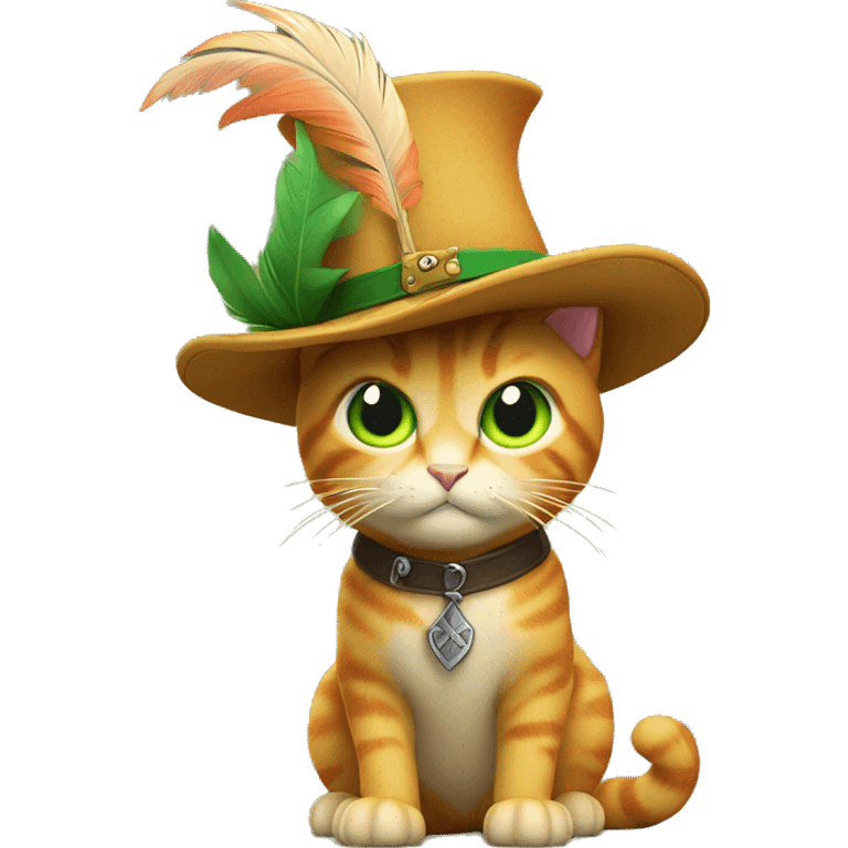 A 3D emoji of Puss in Boots, featuring a small, orange cat with big green eyes, wearing a feathered hat, boots, and a sword. He has a confident, playful expression emoji