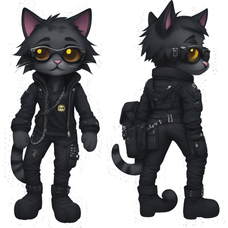 Gorgeous dark techwear cyberpunk style anthro cat sona, punk aesthetic, and pretty edgy black with collar and harness, trending style emoji