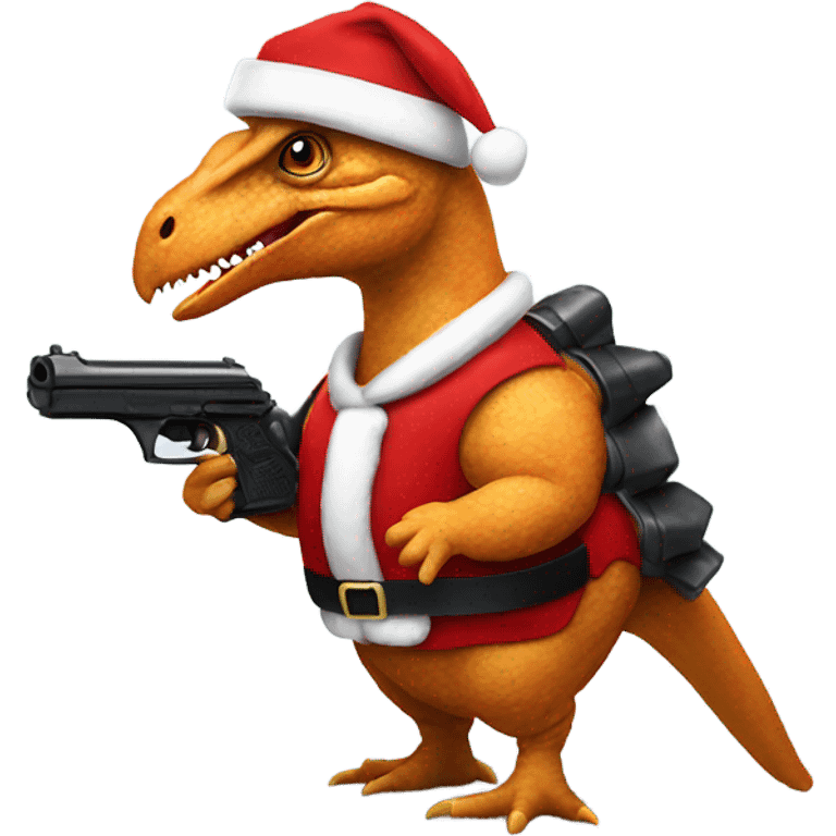 Dinosaur chicken nugget wearing Santa suit holding a gun emoji