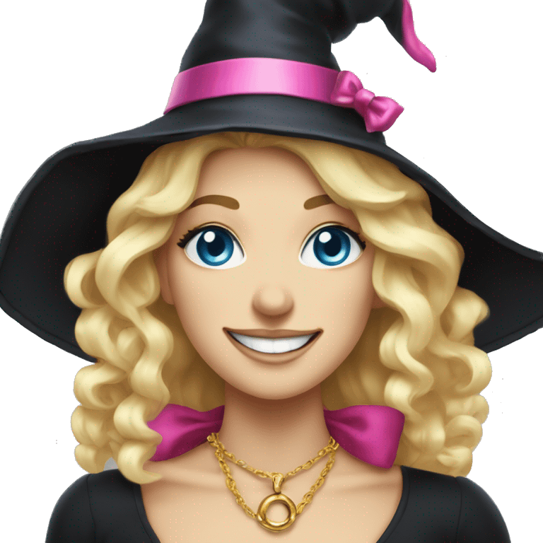 Blonde blue eyed witch smiling, wearing a gold necklace and a black witch hat with a pink bow emoji