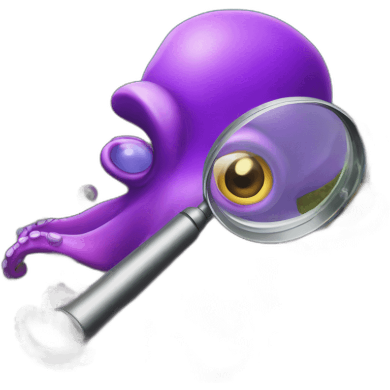 A bright purple octopus with a detective's cap, its tentacles expertly handling a magnifying glass, in a coral reef. emoji