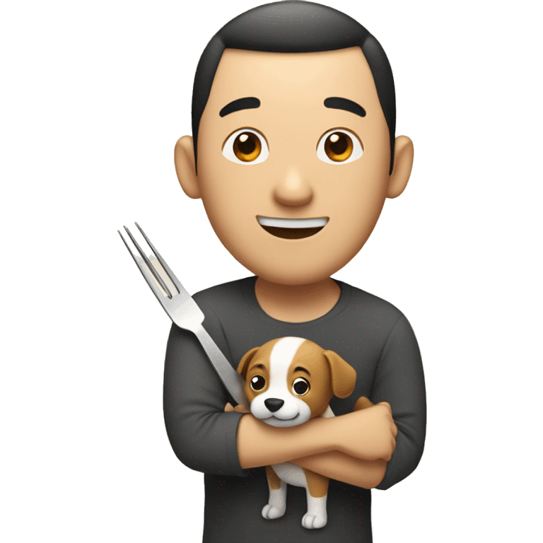 Chinese man with knife and fork smiling with dog emoji