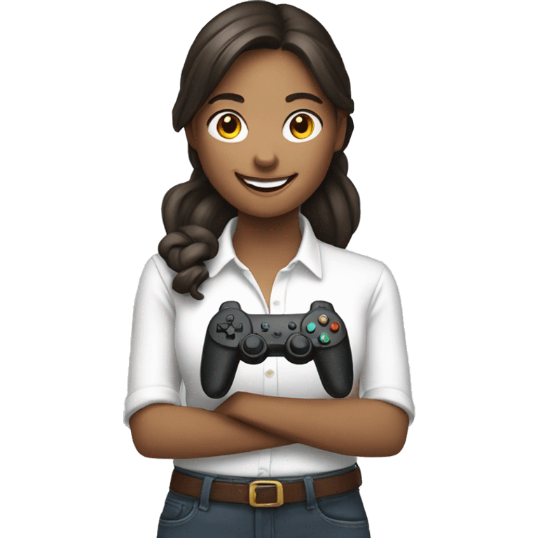 smiling girl in white shirt holding controller emoji