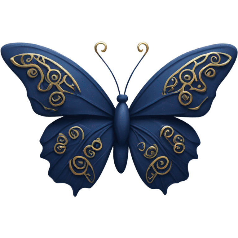 detailed and elegant navy blue butterfly with several gold accents and swirls, single butterfly emoji