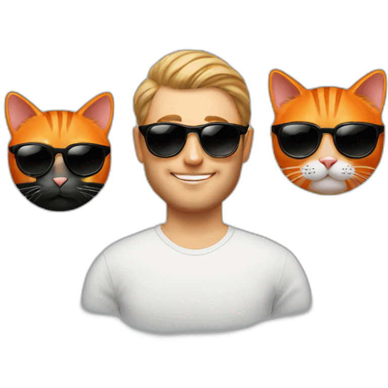 polish man in sunglasses holding one orange cat and one black cat emoji