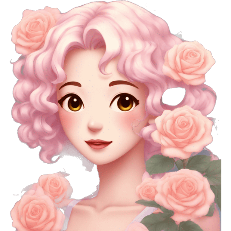 Gorgeous pastel anime style lady with blushing face and roses leaves shiny aesthetic trending style emoji