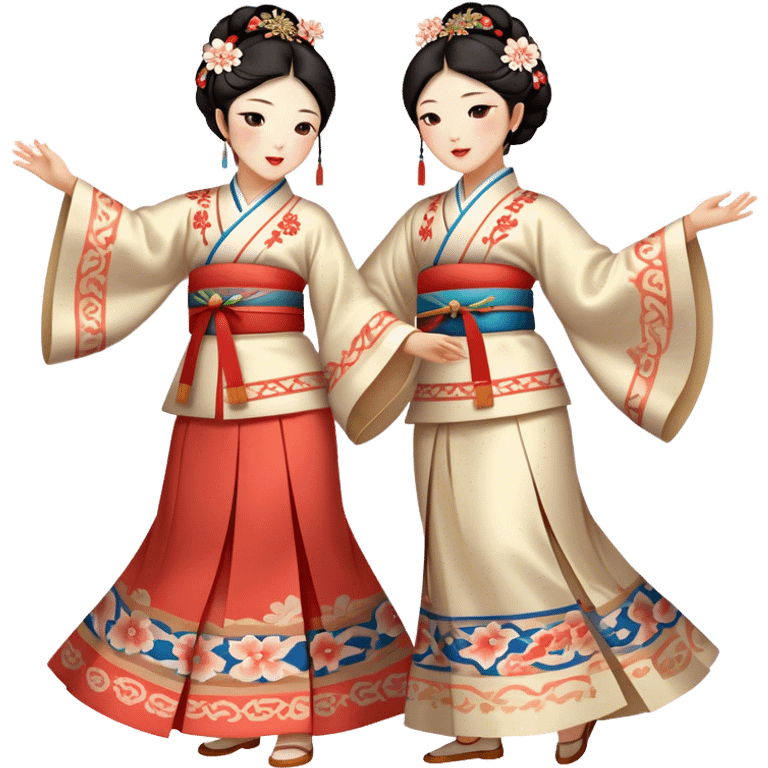 Cinematic Realistic scene of two performers engaging in Ganggangsullae, dressed in traditional Korean costumes with intricate patterns and graceful movements, illuminated by soft, festive lighting that accentuates the cultural ambiance emoji