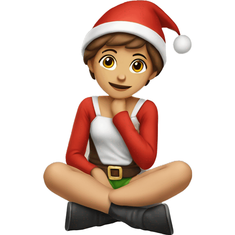 Girl with  brown short hair in red elf hat in a sitting position holding her legs ￼ emoji