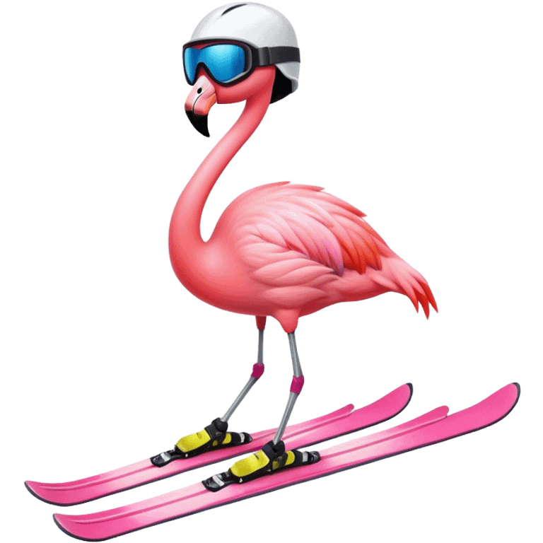 A Skiing Flamingo with ski helmet, ski goggles , ski and ski boots. One head and two legs emoji