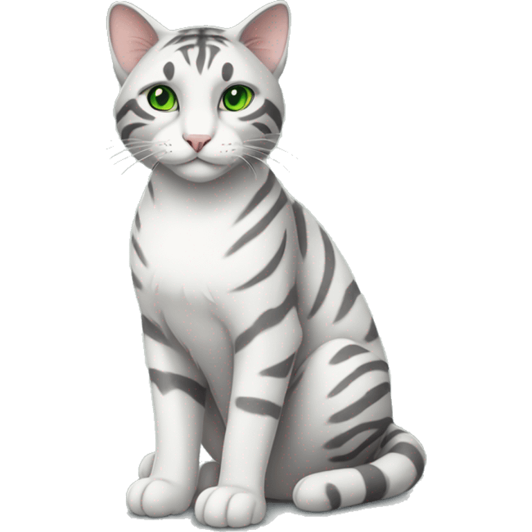 Grey white cat, sitting, green eyes, cute, grey tiger back, white feet emoji