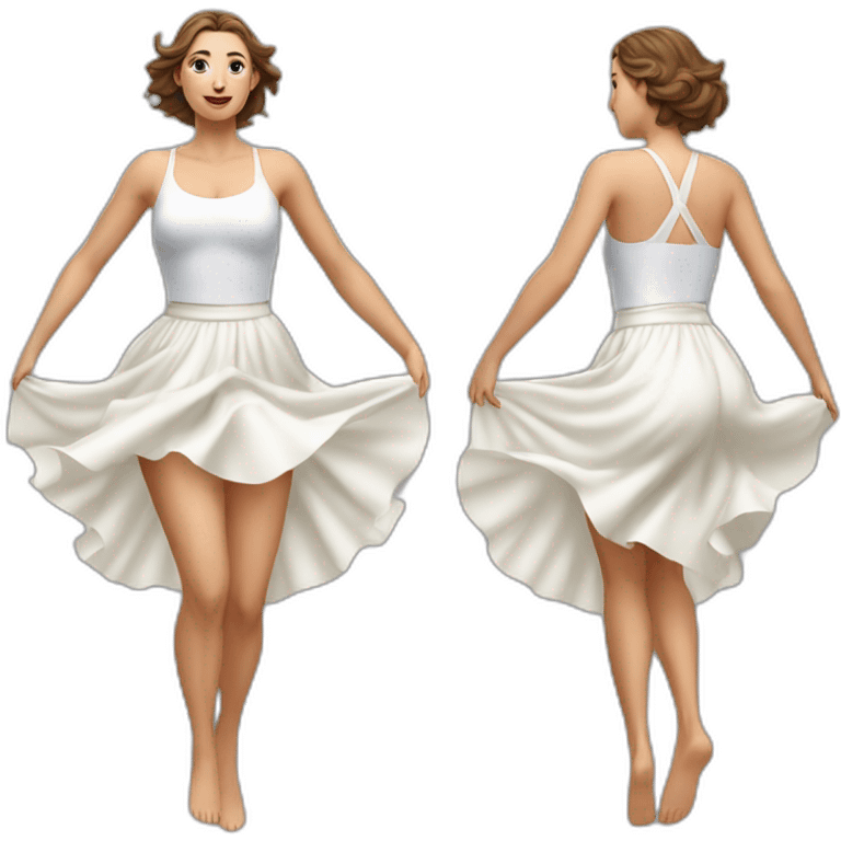 Hyperrealistic Full body Caucasian curvy beauty jumping white skirt back and front views strong wind emoji