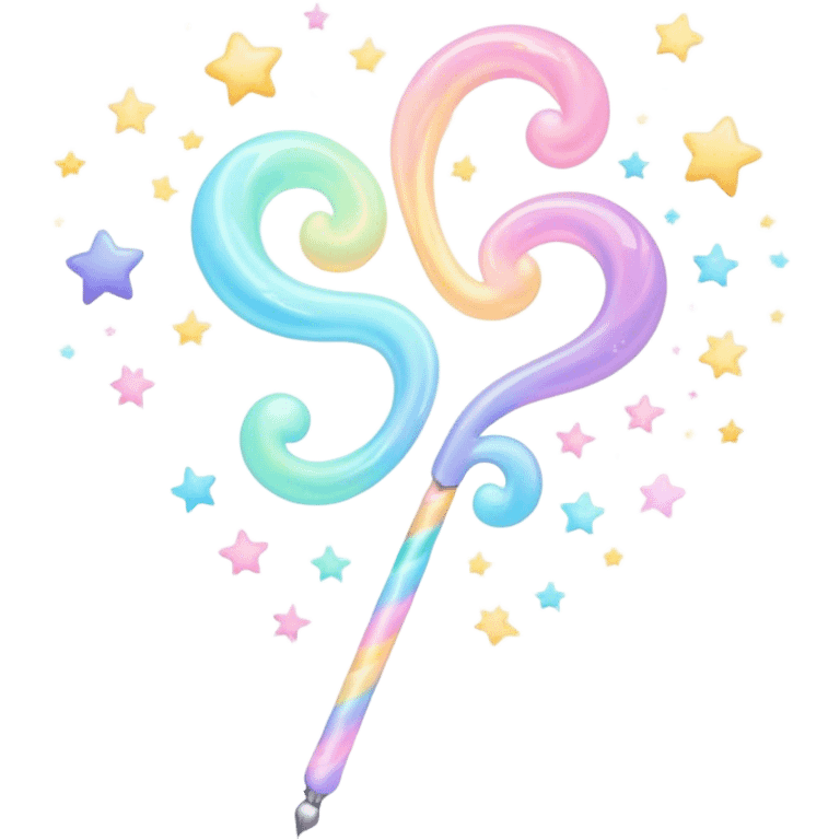 Cinematic cute magical wand, pastel swirls of color, tiny twinkling stars floating around, glowing softly, chubby rounded edges, whimsical and dreamy. emoji