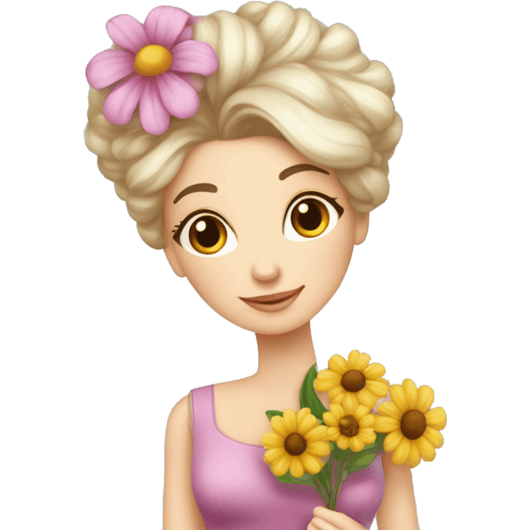 Donna molto bella vestita da strega con un mazzo di fiori in mano emoji