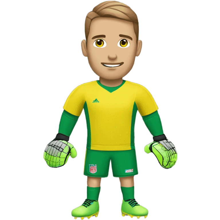 Goalkeeper wearing green top yellow shorts and goalkeeper gloves emoji