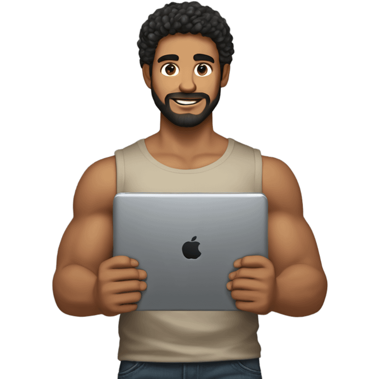 men holding his computer in hands. light brown skin men with curly black hair, dark brown eyes, little grown beard. ust a tiny bit muscular. dressed casual. round face. emoji