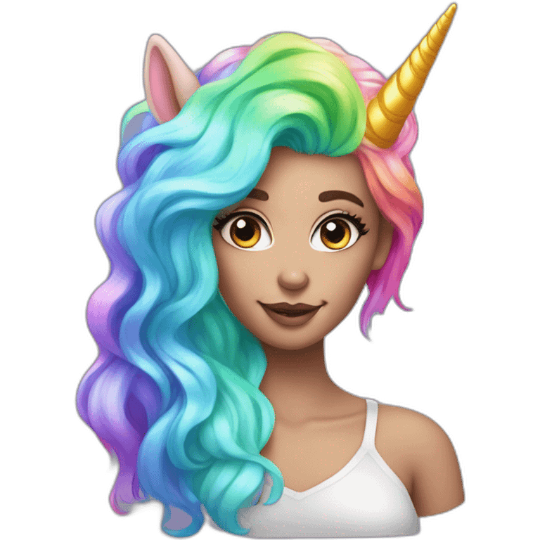 Holographic unicorn woman with rainbow hair and big eyelashes emoji