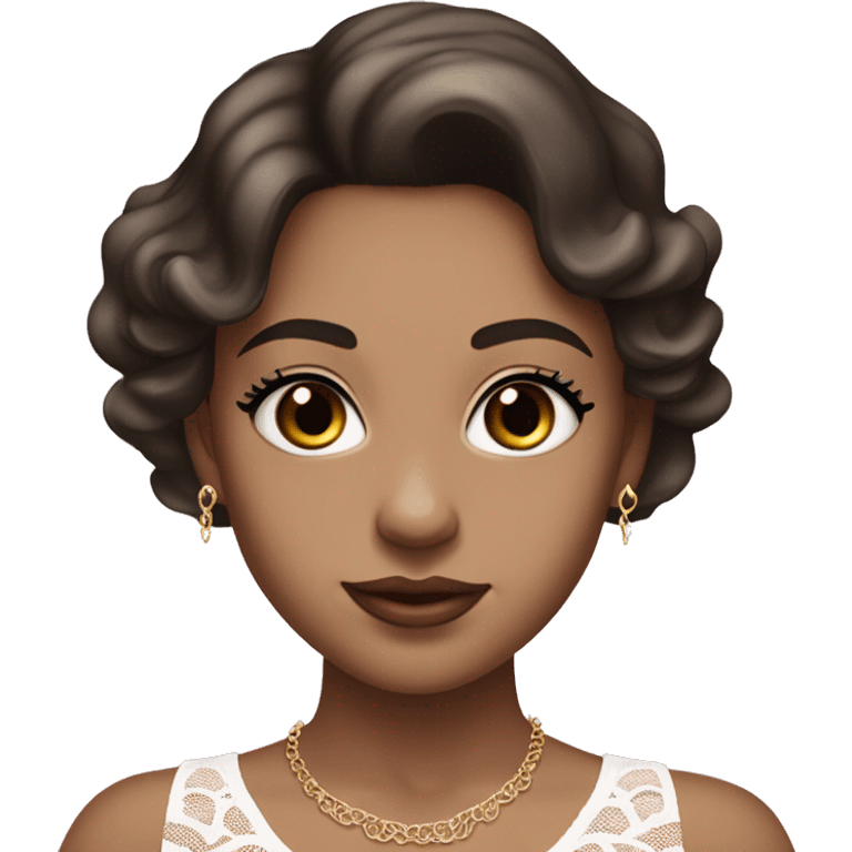 fair-skinned girl with black, slim shaped eyes and long lashes. long, dark brown hair styled in a wavy blowout. wearing a delicate white lace tank top and a dainty gold necklace, plump light pink lips. emoji